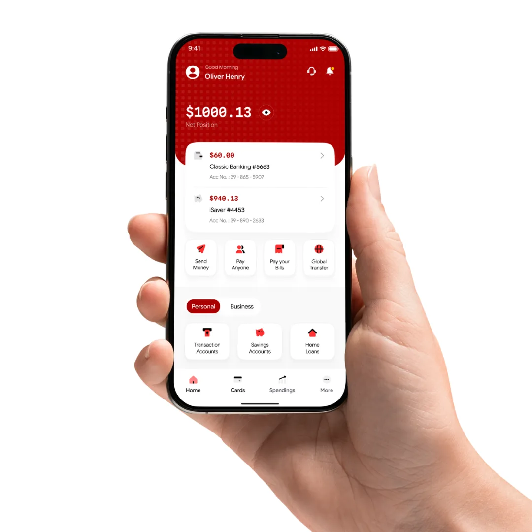 Banking app home with accounts and transfers