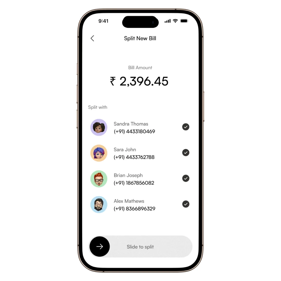 Split bill screen with selected contacts