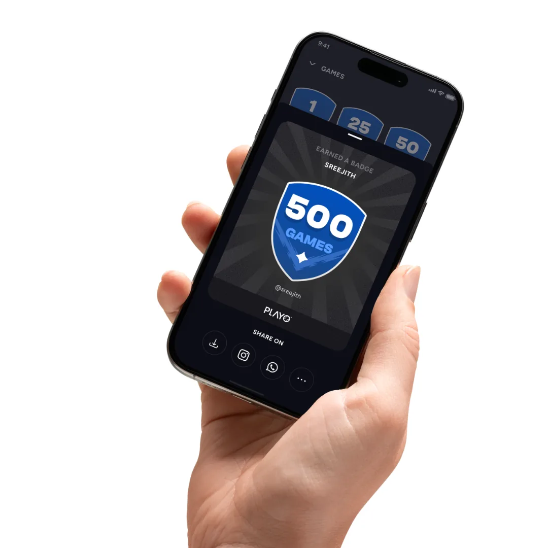 Playo 500 games badge share card