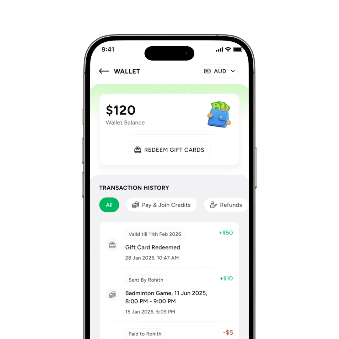 Playo wallet with balance and transaction history
