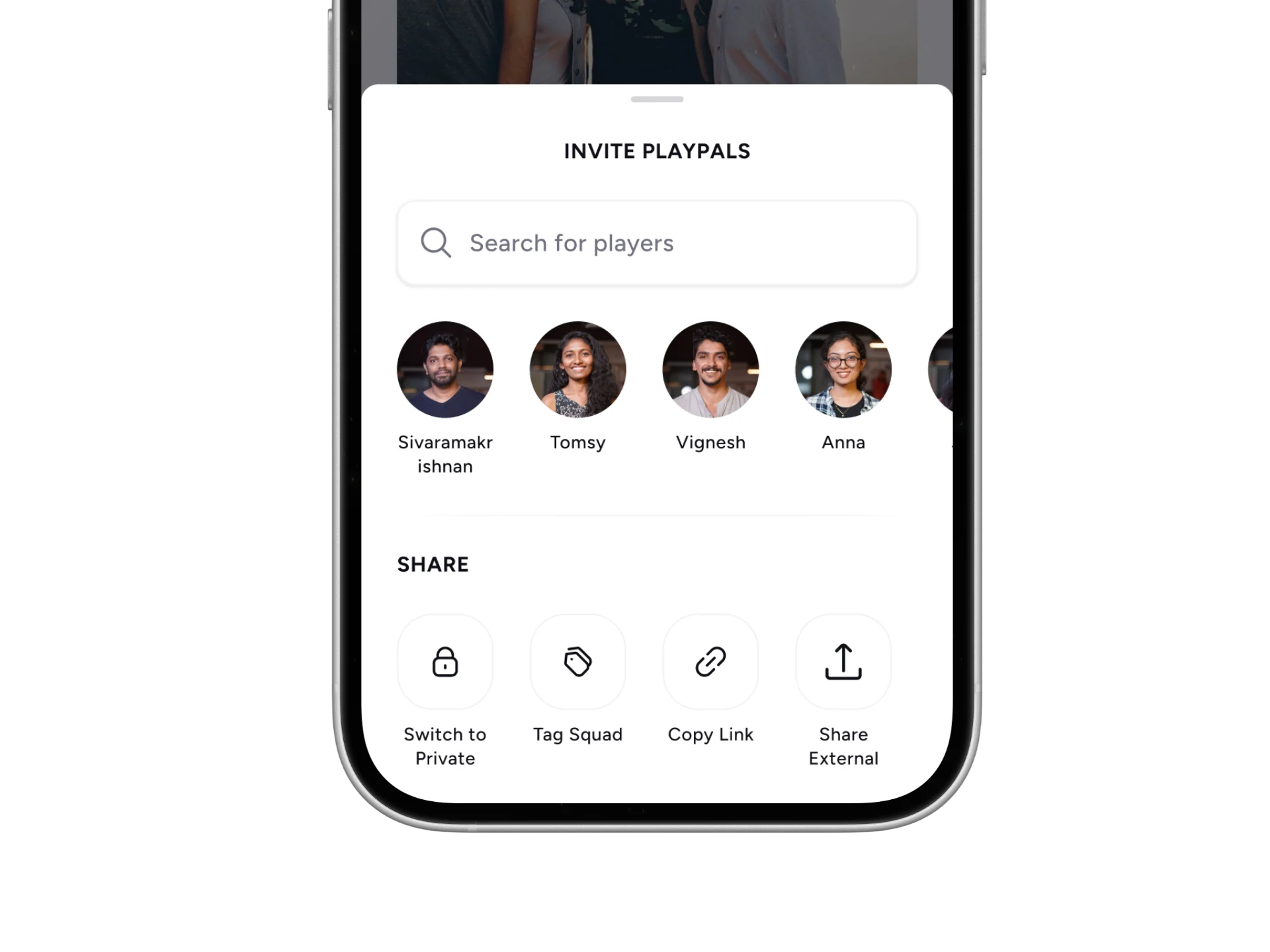 Activity sharing sheet with the Tag Squad option