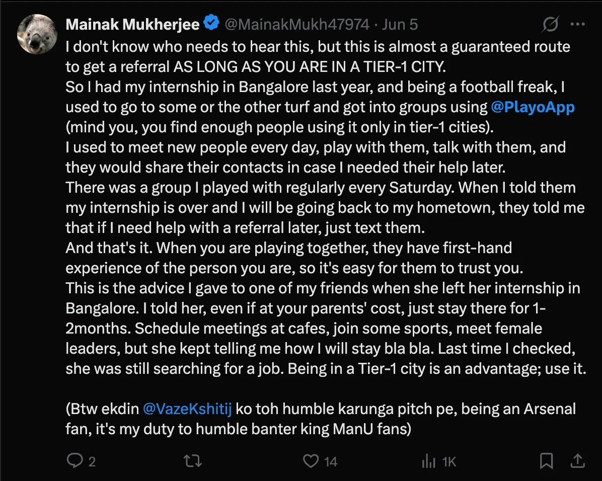 Player post about finding people to play with through Playo groups